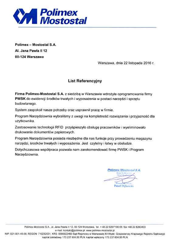 Polimex Mostostal klient PWSK - system Narzędziownia
