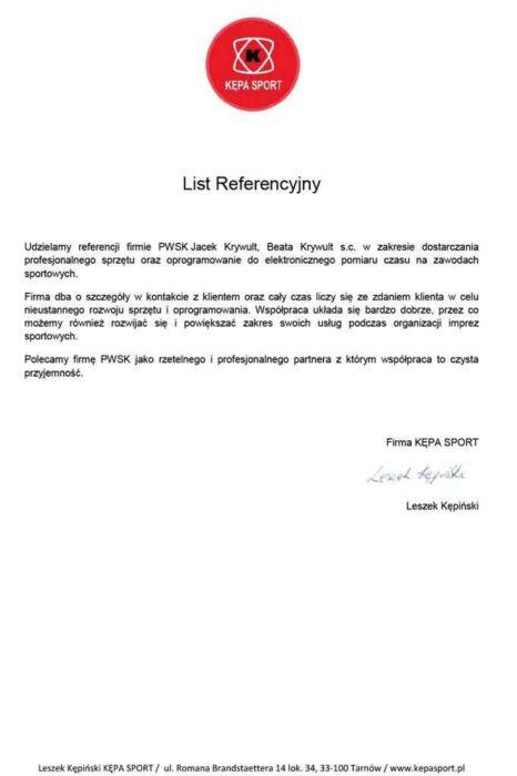 system pomiaru czasu Kępa Sport - referencje